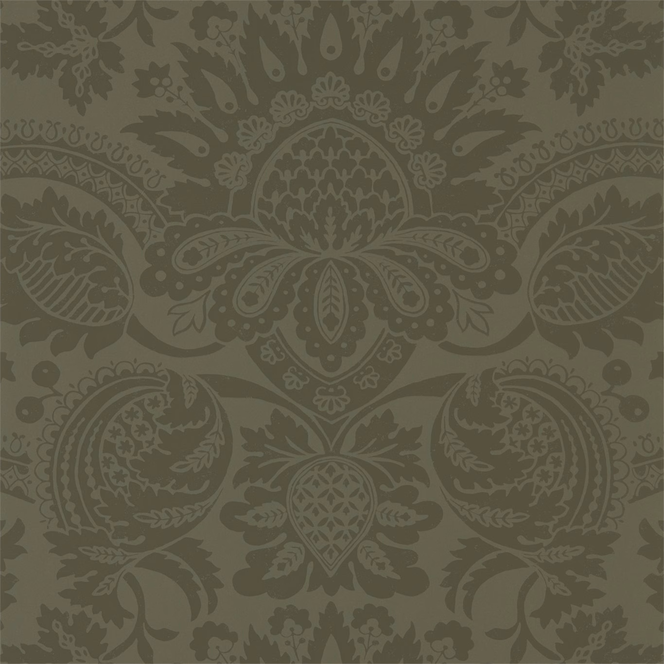 Muted olive green damask wallpaper with symmetrical paisley and floral motifs