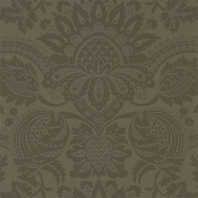 Muted olive green damask wallpaper with symmetrical paisley and floral motifs