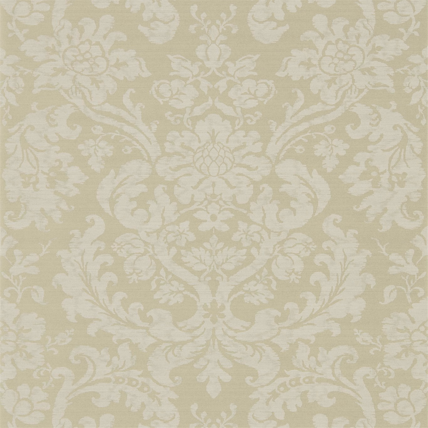 Pale antelope beige wallpaper with ivory floral damask scrolls in a muted finish