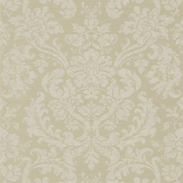 Pale antelope beige wallpaper with ivory floral damask scrolls in a muted finish