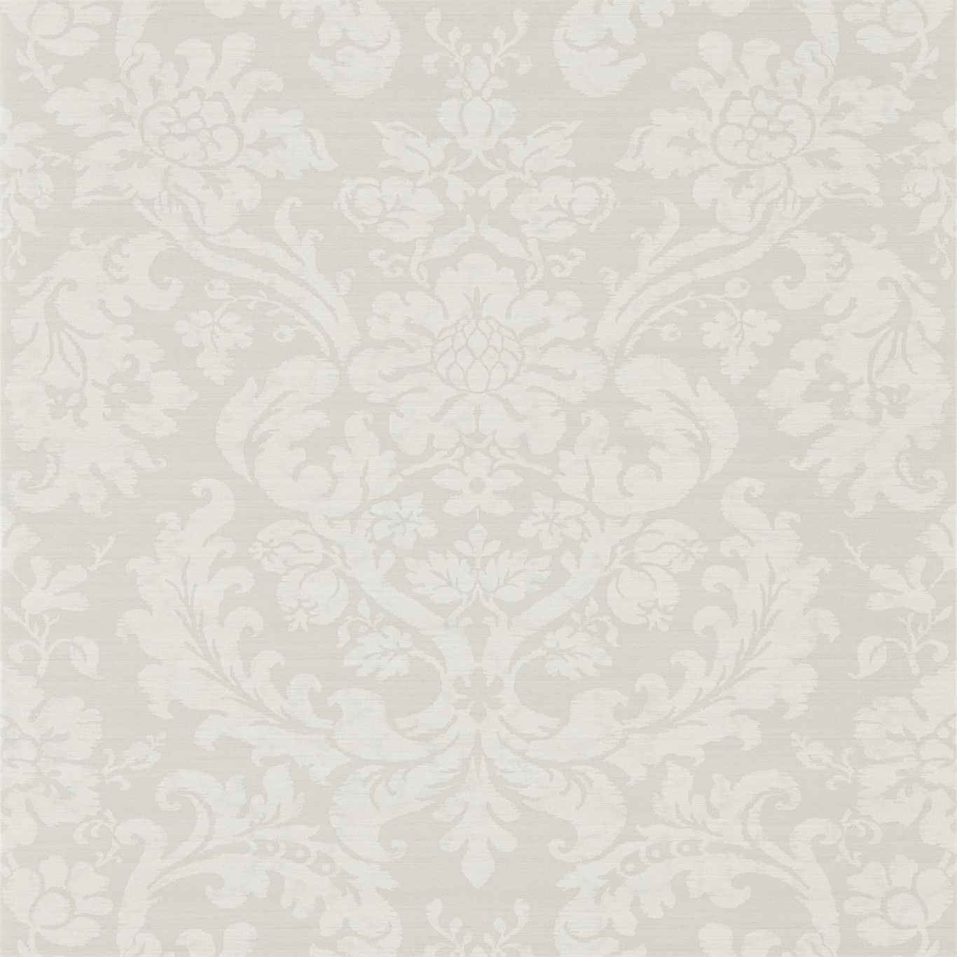 Pale silver-grey damask wallpaper with ivory scrolls and subtle horizontal texture