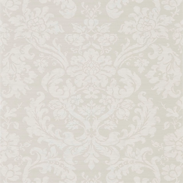 Pale silver-grey damask wallpaper with ivory scrolls and subtle horizontal texture