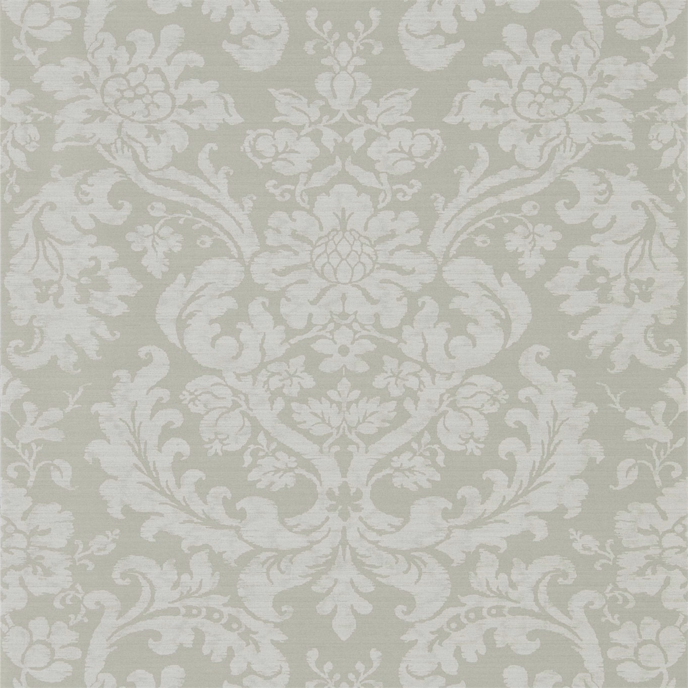 Pale stone-grey wallpaper with ivory scrolling damask and central floral medallions