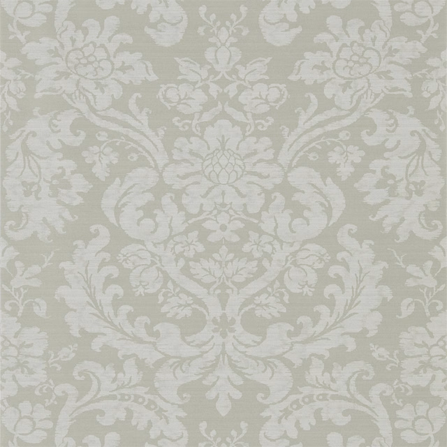 Pale stone-grey wallpaper with ivory scrolling damask and central floral medallions