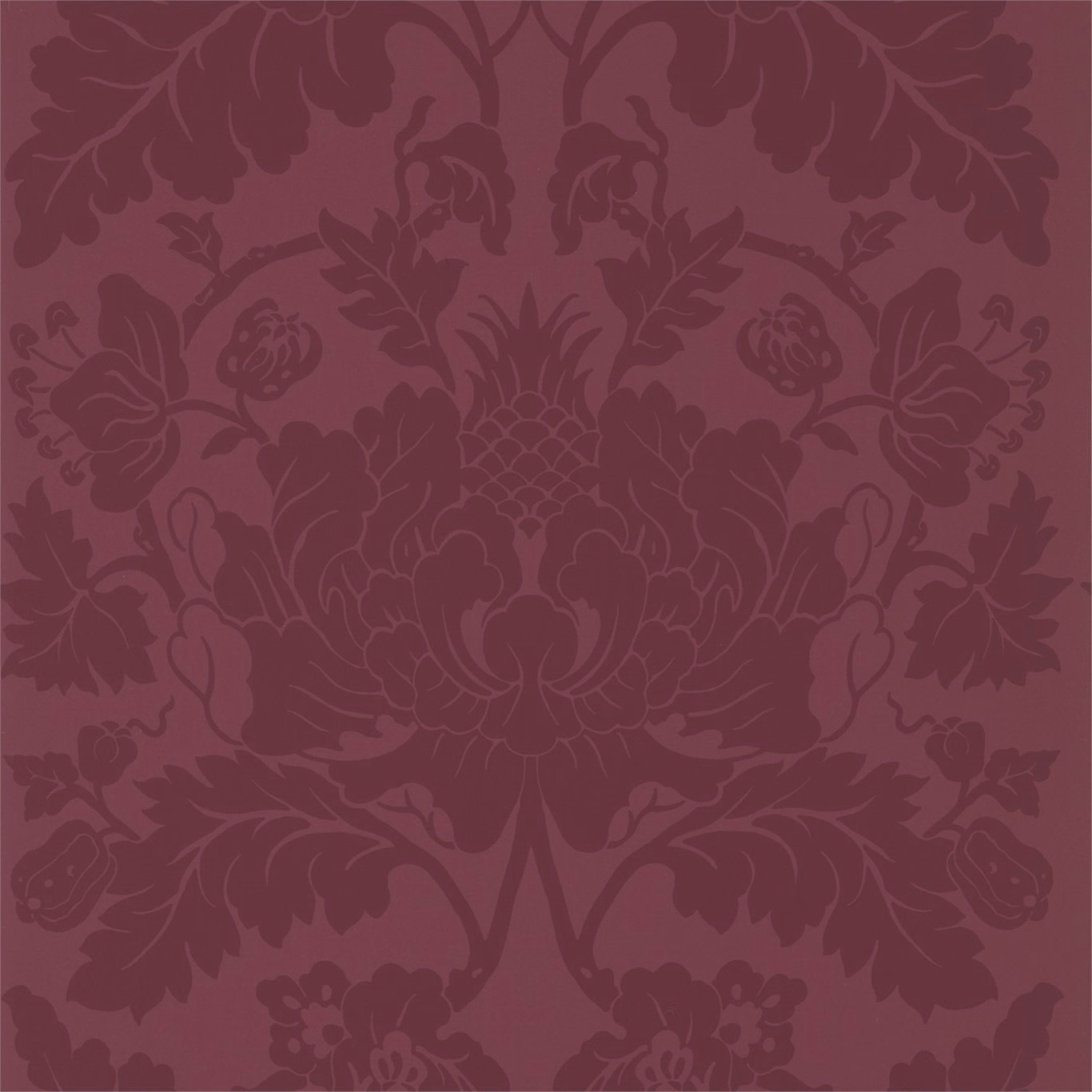 Dusky cinnabar wallpaper with tonal plum floral damask, scrolling leaves and central bloom