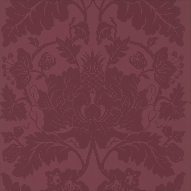 Dusky cinnabar wallpaper with tonal plum floral damask, scrolling leaves and central bloom