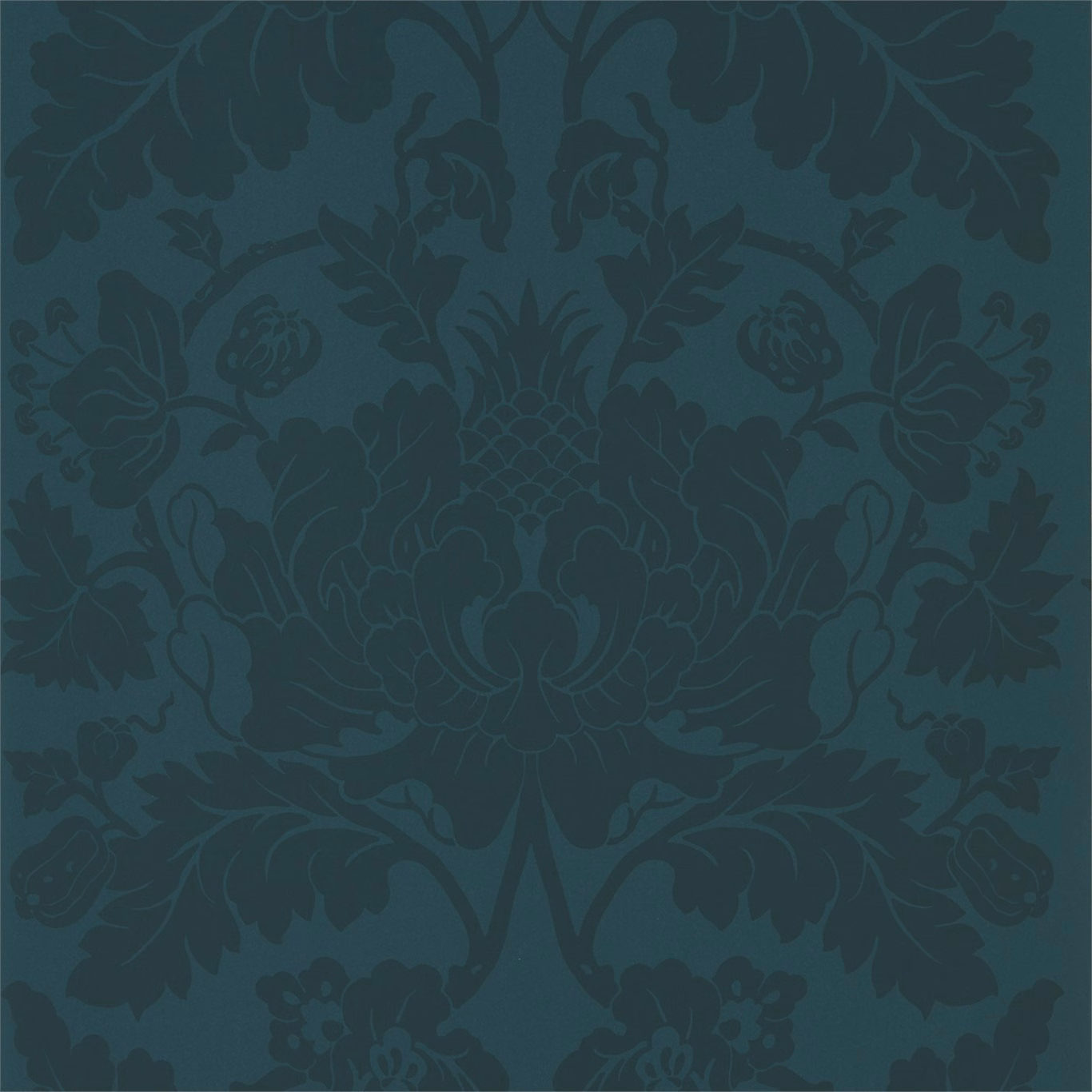 Deep teal wallpaper with dark symmetrical floral damask and scrolling leaves