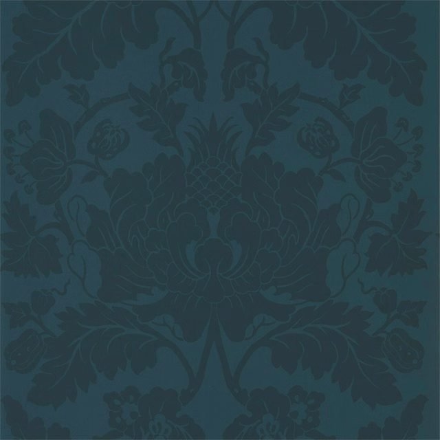 Deep teal wallpaper with dark symmetrical floral damask and scrolling leaves