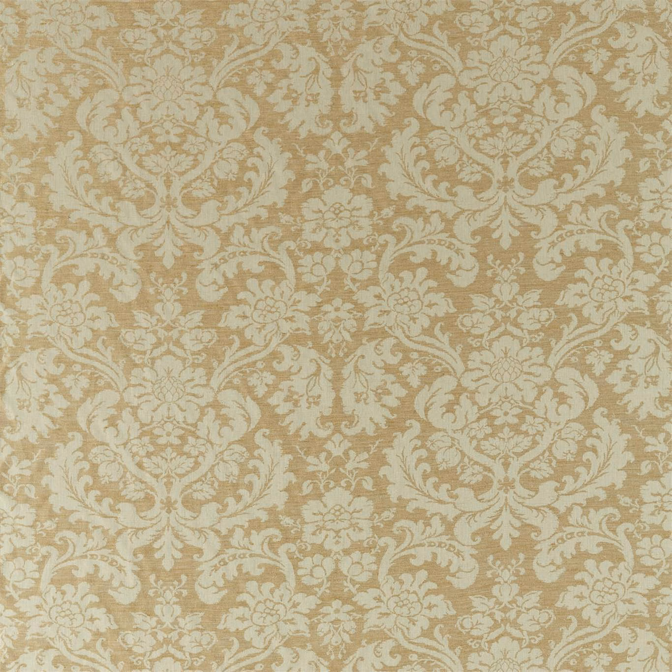 Warm taupe woven ground with pale cream scrolling damask and floral medallions