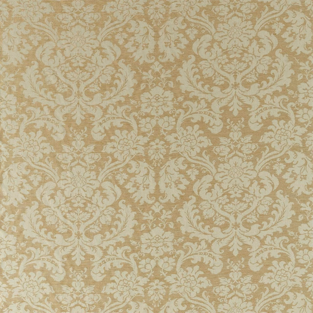 Warm taupe woven ground with pale cream scrolling damask and floral medallions