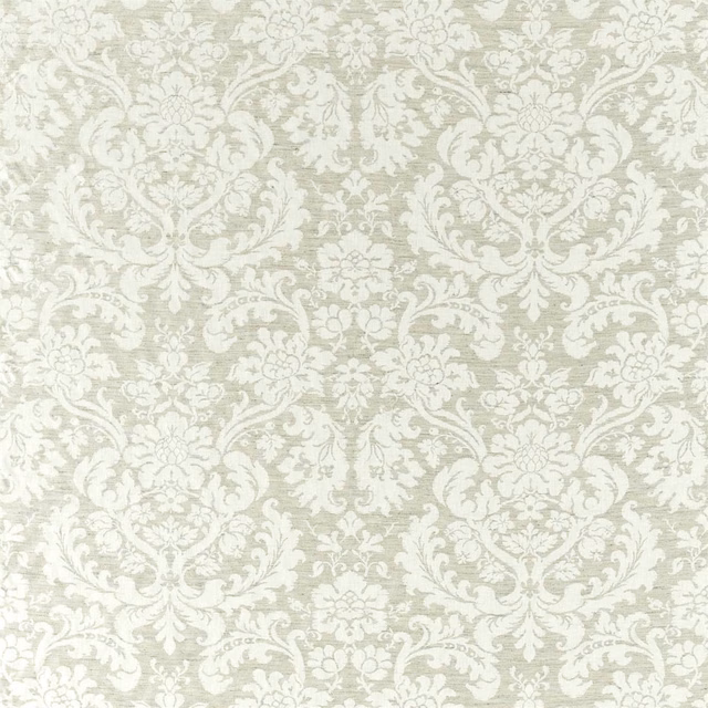 Platinum white damask with pale sage-grey scrolling florals and softly textured weave