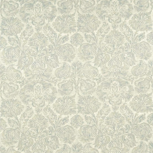 Pale stone damask with cool sage-grey florals and finely woven surface texture