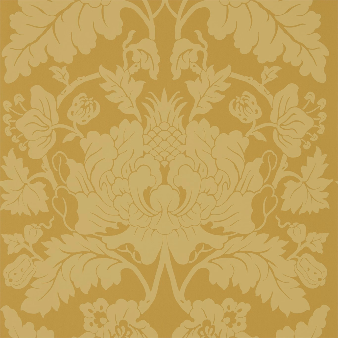 Warm ochre wallpaper with pale gold symmetrical flowers, leaves and pineapple motif