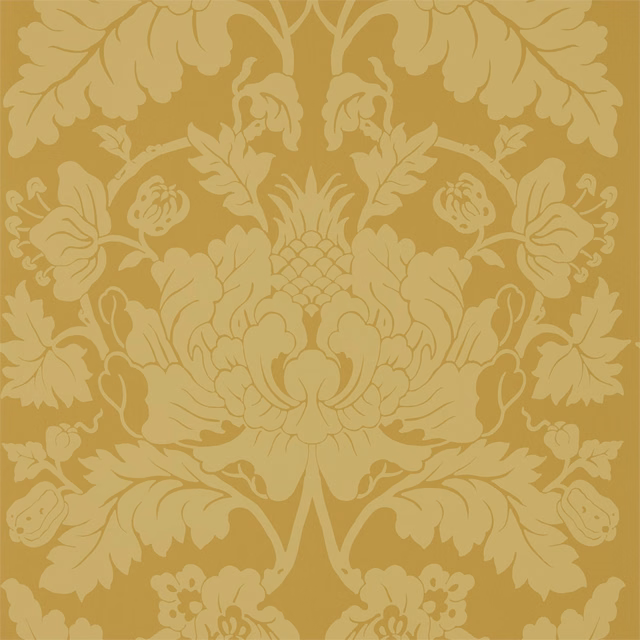 Warm ochre wallpaper with pale gold symmetrical flowers, leaves and pineapple motif