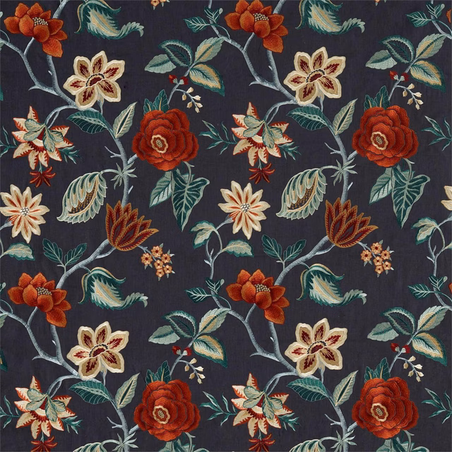Ink floral textile with amber red cream and teal botanical motifs
