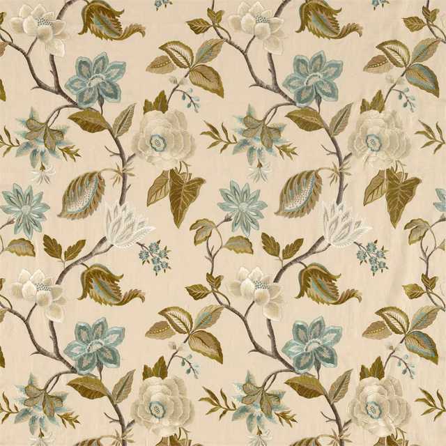 Cream botanical fabric with pale aqua flowers, olive leaves and trailing brown branches