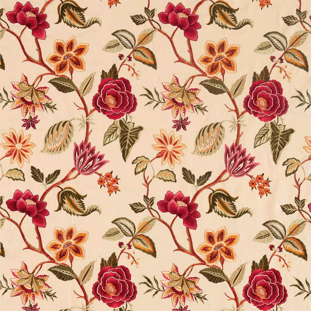 Russet and burgundy botanical flowers on a warm cream floral fabric ground