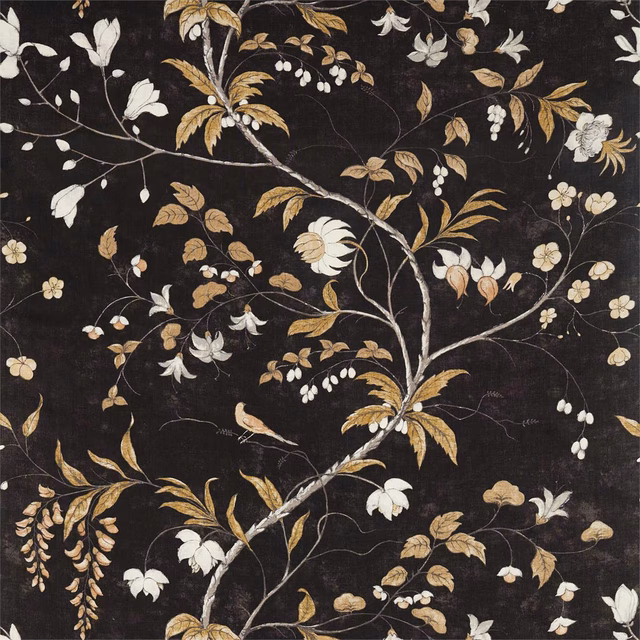 Near-black botanical trails with antique-gold leaves and ivory flowers