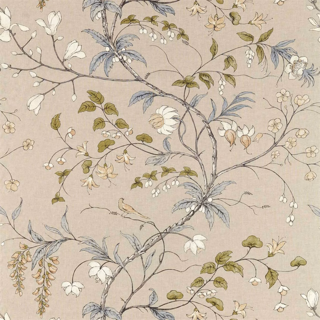 Platinum-grey botanical fabric with blue-grey branches, olive leaves and cream blossoms