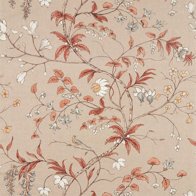Sunstone linen botanical trail with rust leaves, cream flowers and blue-grey accents
