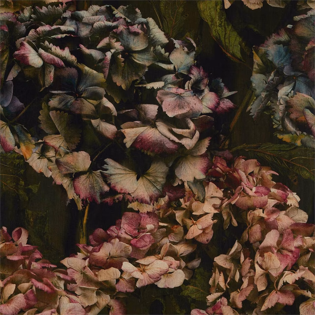 Dark floral fabric with blush hydrangea blooms, blue-grey leaves and olive foliage on black-green ground