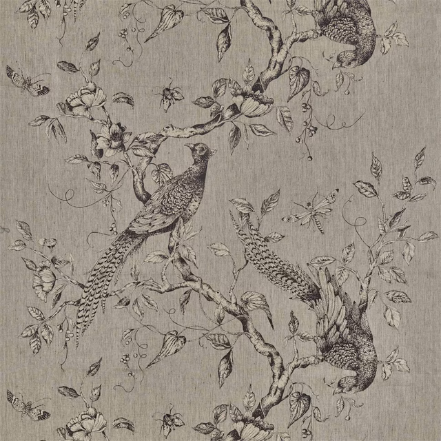Cool grey toile with charcoal peacocks, flowering branches and a fine vertical weave