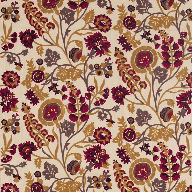Cream crewel fabric with antique-gold branches, cinnabar flowers and scrolling botanical motifs