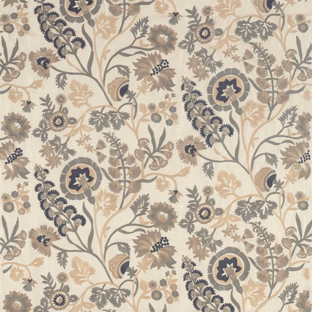 Fossil beige crewel textile with charcoal, taupe and olive botanical motifs