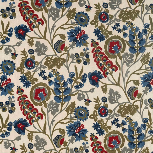 Cream ground with indigo, red and olive crewel-style botanical motifs