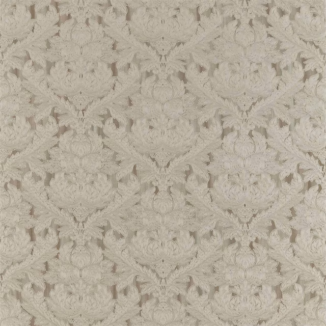 Pale stone-taupe woven damask with raised floral medallions and leafy ornament