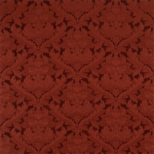 Deep rust-red woven damask with shadowed symmetrical foliage motifs