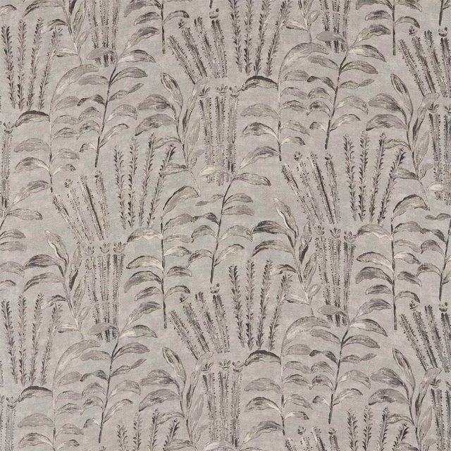 Cool stone-grey fabric with layered leafy sprays and fine charcoal botanical linework
