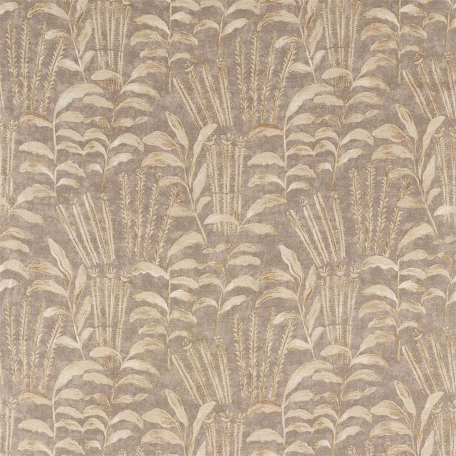 Warm taupe-grey woven fabric with fan-shaped foliage and softly raised texture