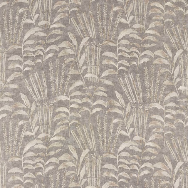 Zinc-grey botanical textile with pale fan leaves, fronds and layered foliage
