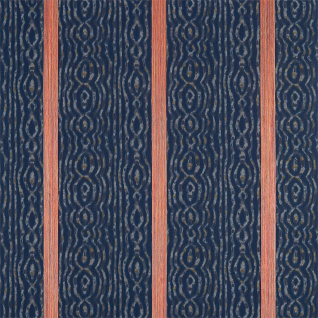 Deep indigo woven stripe with coral lines and irregular oval motifs