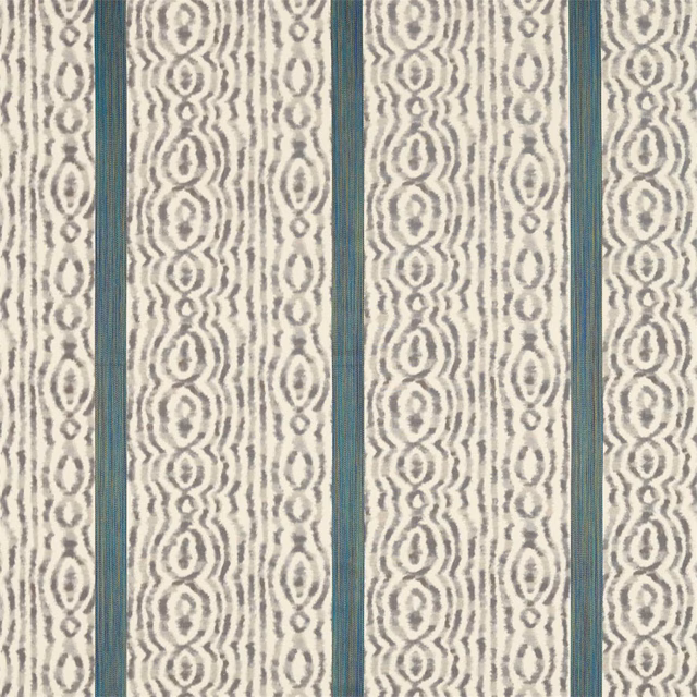 Silver-grey and poison-teal vertical stripe with rippling oval motifs in textured weave