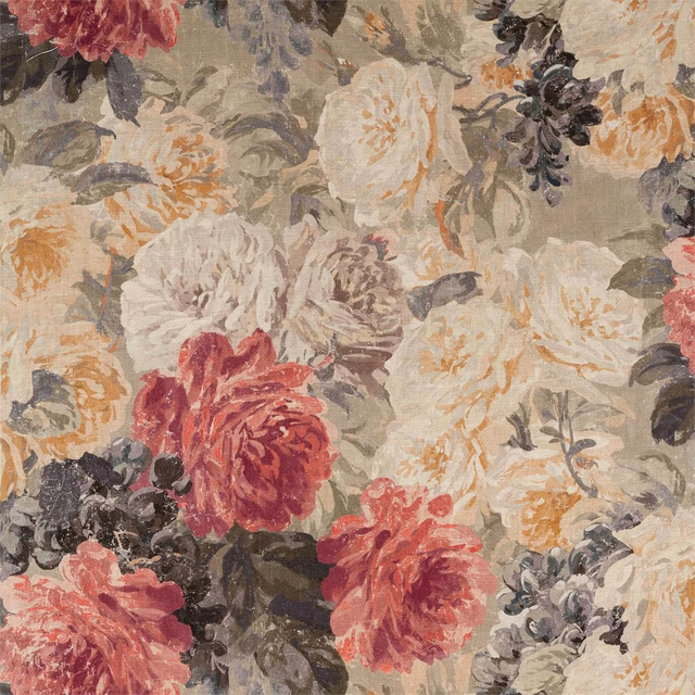 Stone floral fabric with coral peonies, burgundy blooms and grey-green foliage