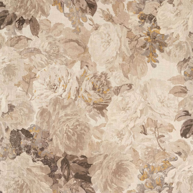 Large faded floral blooms in linen white, taupe, grey-brown and muted ochre