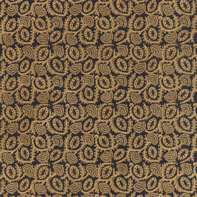 Antique gold curling Suzani motifs densely woven across a textured vine-black fabric