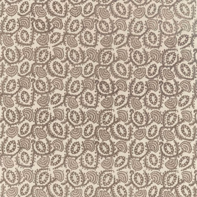 Pale oatmeal fabric with dense taupe-grey embroidered paisley curls and tactile stitched texture