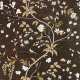 Dark brown botanical wallpaper with antique-gold branches, ivory flowers and small birds