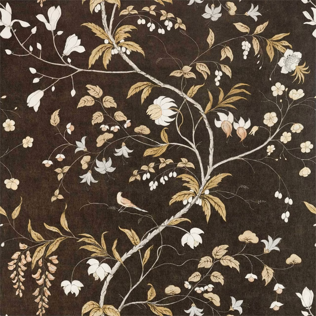 Dark brown botanical wallpaper with antique-gold branches, ivory flowers and small birds