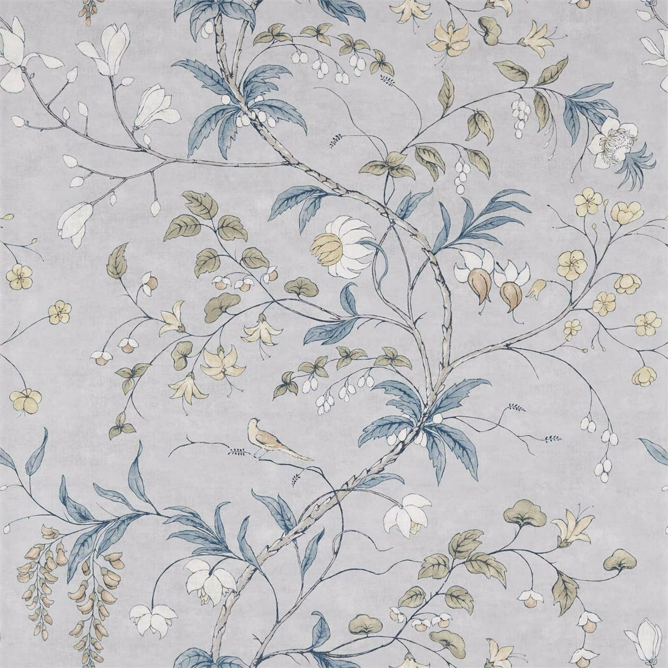 Platinum-grey wallpaper with blue-grey foliage, cream flowers and trailing botanical branches