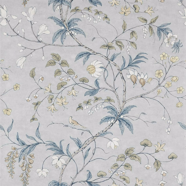 Platinum-grey wallpaper with blue-grey foliage, cream flowers and trailing botanical branches