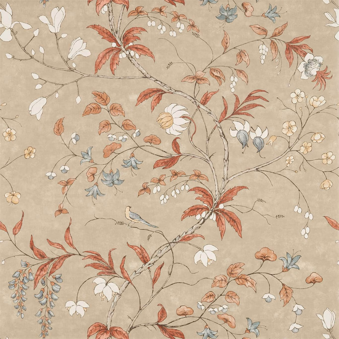 Warm linen-beige wallpaper with rust leaves, blue-grey flowers and fine trailing branches