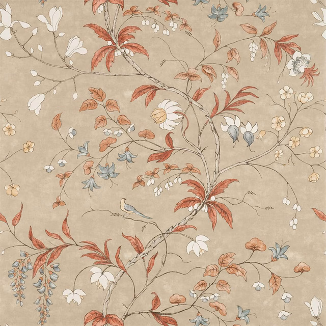 Warm linen-beige wallpaper with rust leaves, blue-grey flowers and fine trailing branches