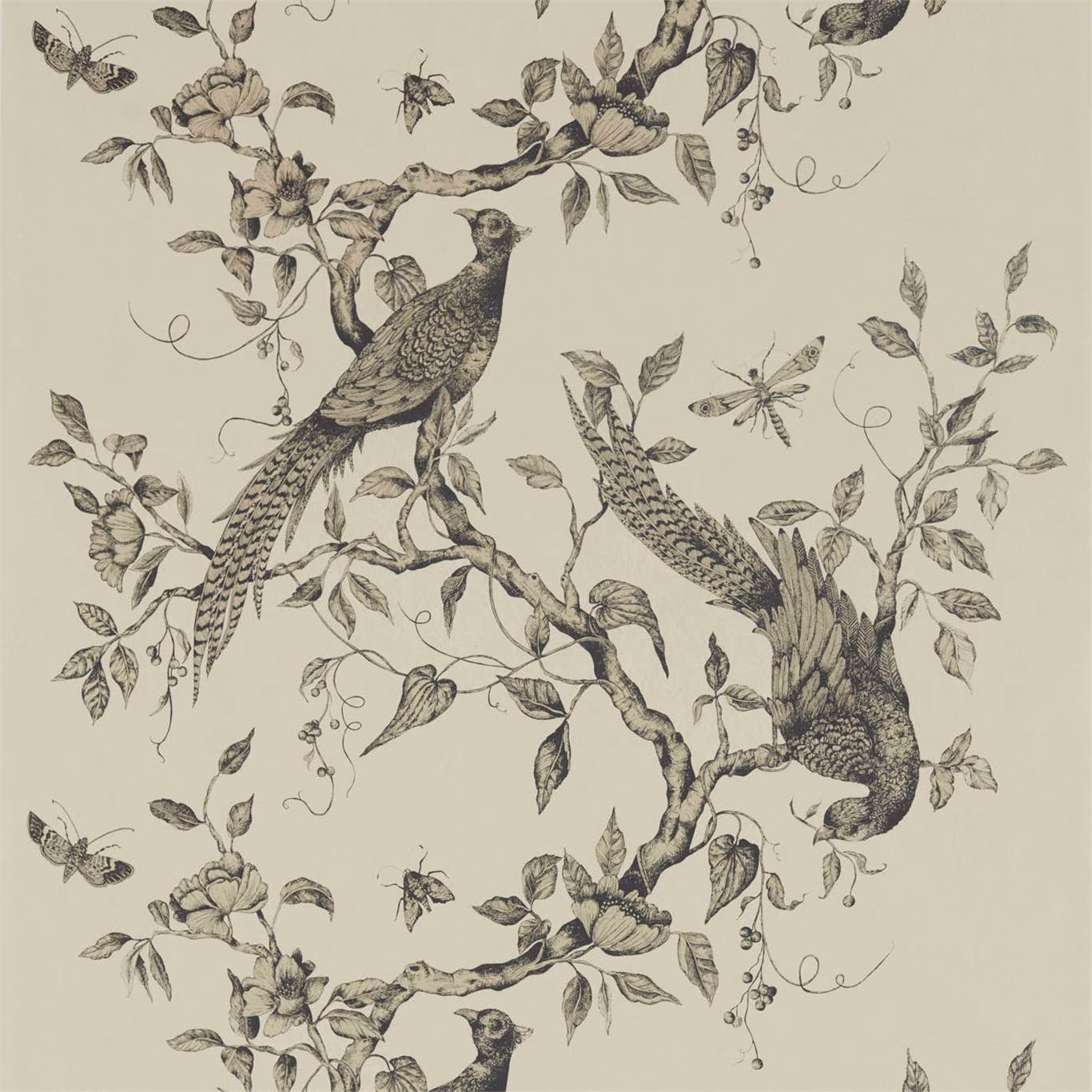 Dove grey wallpaper with two detailed peacocks on flowering branches