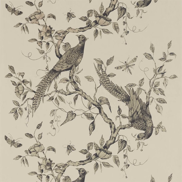 Dove grey wallpaper with two detailed peacocks on flowering branches