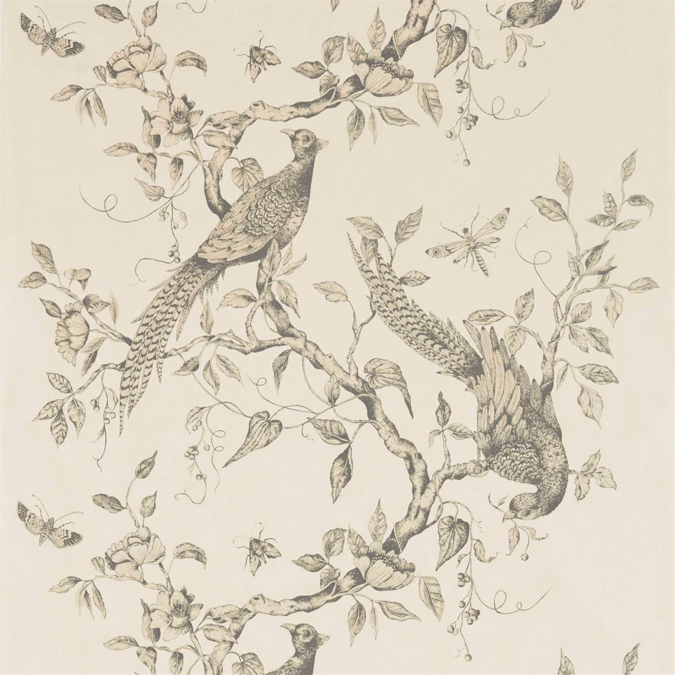 Snow ivory wallpaper with two sepia-grey peacocks among flowering branches and leaves