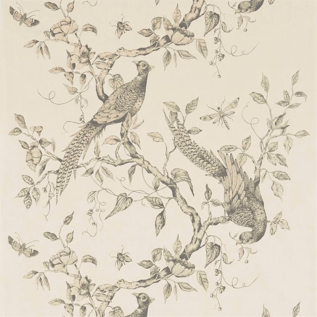 Snow ivory wallpaper with two sepia-grey peacocks among flowering branches and leaves